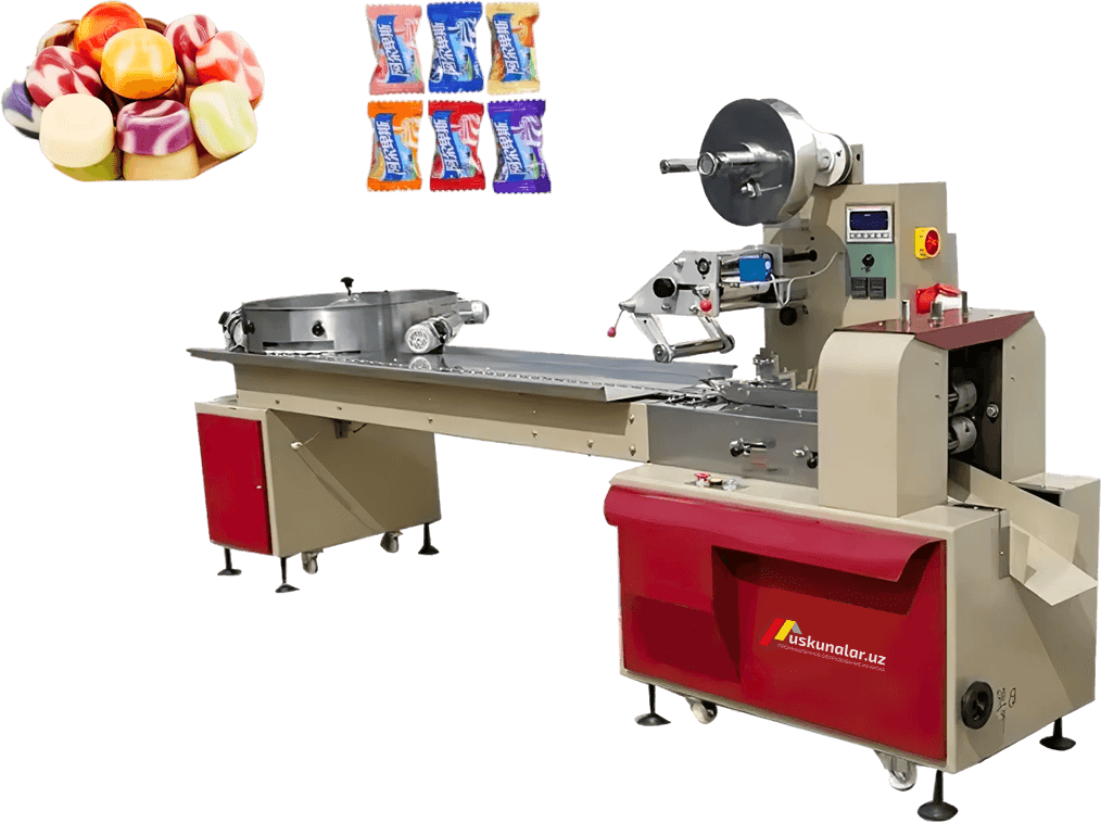 gorizontal qadoqlash uskunasi, keks qadoqlash uskunasi, shirinlik qadoqlash, konfet qadoqlash uskunasi, gorizontal uskuna