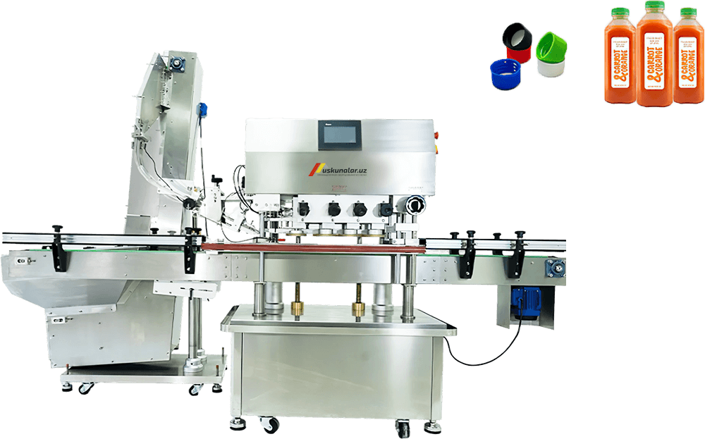 qopqoqlash uskunasi, burama qopqoqli qadoqlash, burama qopqoq qo'yish uskunasi, baklashka yopish uskunasi, sirop qadoqlash uskunasi, sok yopish uskunasi