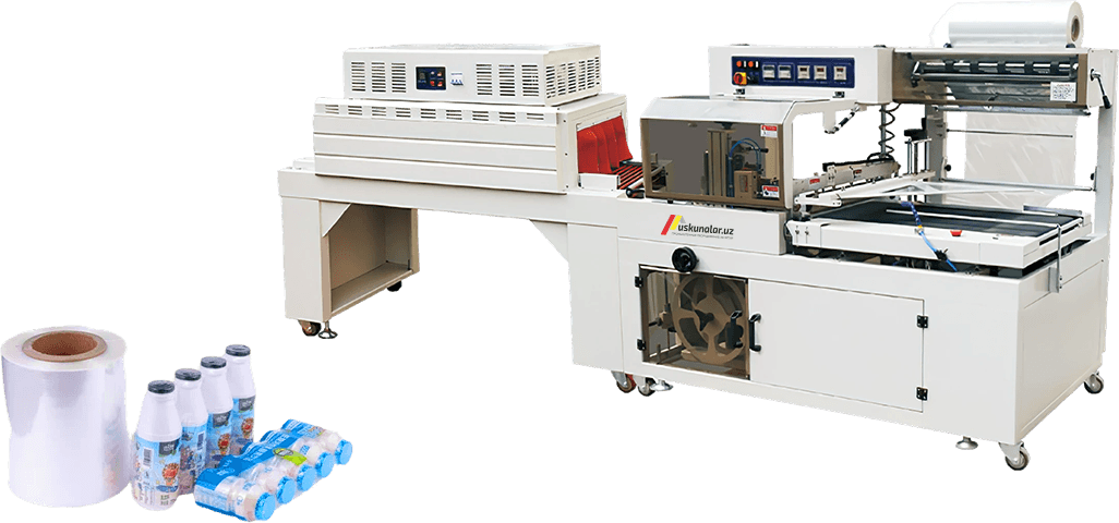 termoqadoqlash, muhrlash va kesish, POF, konveyer, sirkulyatsion termoqadoqlash, qutili choy qadoqlash, qutili kofe qadoqlash, gazli ichimlik qadoqlash, baklashka bloklash, shishani bloklash uskunasi, plyonka o'rash uskunasi, bloklash uskunasi