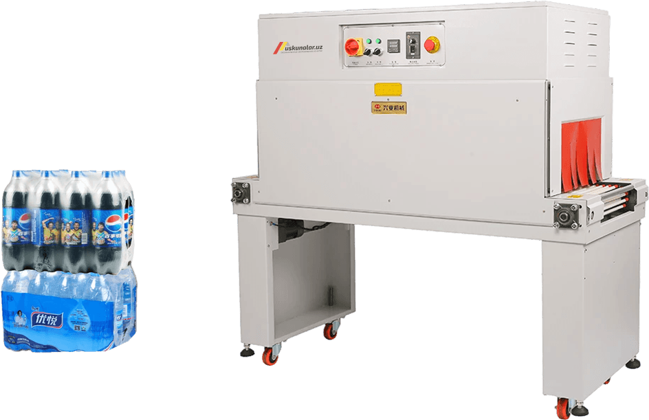 termoqadoqlash, muhrlash va kesish, POF, konveyer, sirkulyatsion termoqadoqlash, qutili choy qadoqlash, qutili kofe qadoqlash, gazli ichimlik qadoqlash, baklashka bloklash, shishani bloklash uskunasi, plyonka o'rash uskunasi, bloklash uskunasi