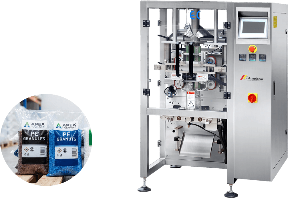 vertikal qadoqlash uskunasi, granula qadoqlash, chips qadoqlash, konfet qaqolash, shokolad qadoqlash, dori qadoqlash, yong'oq qadoqlash, chuchvara qadoqlash, qadoqlash uskunasi