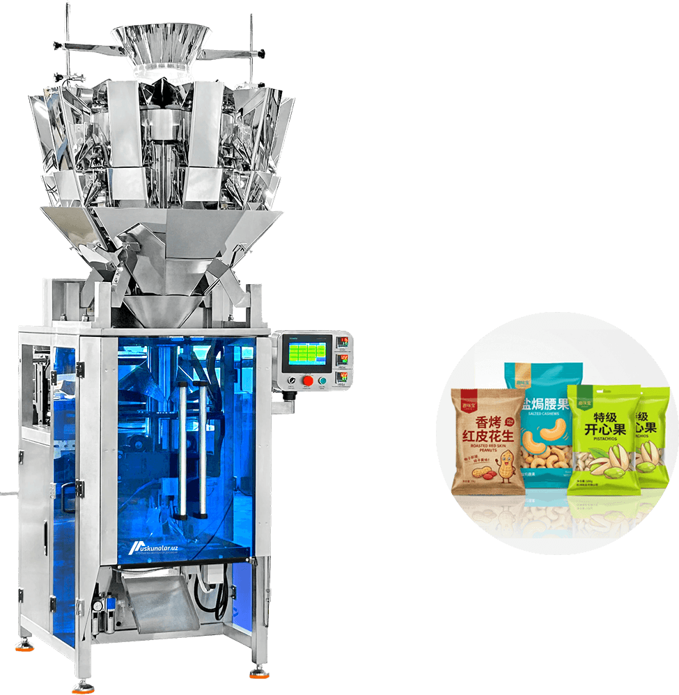 vertikal qadoqlash uskunasi, granula qadoqlash, chips qadoqlash, konfet qaqolash, shokolad qadoqlash, dori qadoqlash, yong'oq qadoqlash, chuchvara qadoqlash, qadoqlash uskunasi